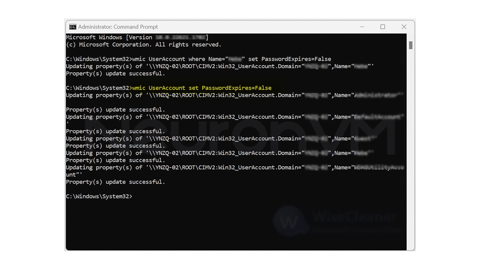 wmic UserAccount set PasswordExpires=False