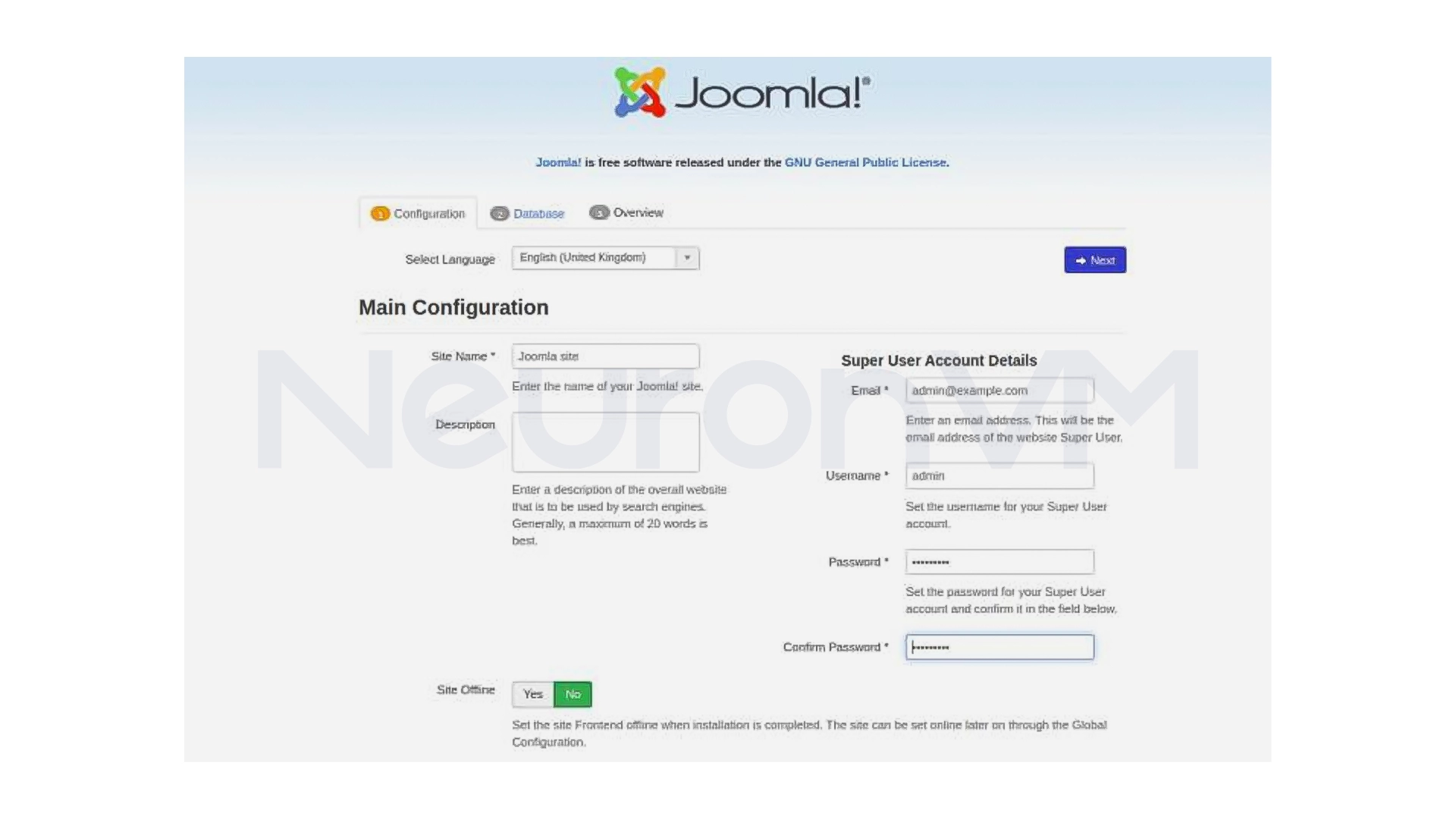 site name, administrator email,